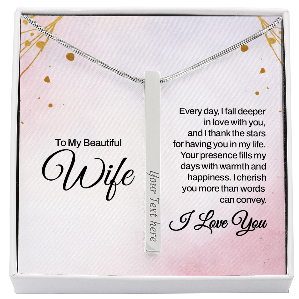 To My Wife 4-Sided Stick Necklace - Engraved Bar Pendant with Gift Box, Anniversary Gift for Wife