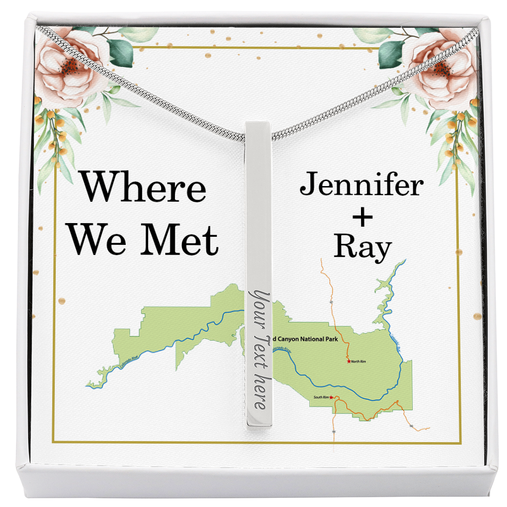 Where We Met 4-Sided Stick Necklace - Engraved Bar Pendant with Gift Box, Anniversary Gift for Couples