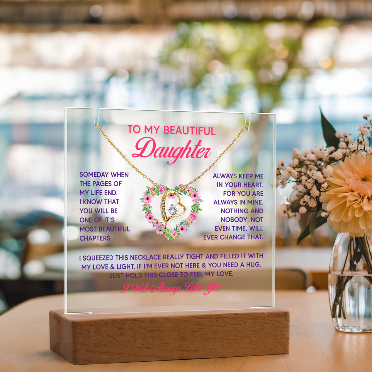 To My Beautiful Daughter Keepsake Acrylic Plaque & Forever Love Necklace Bundle