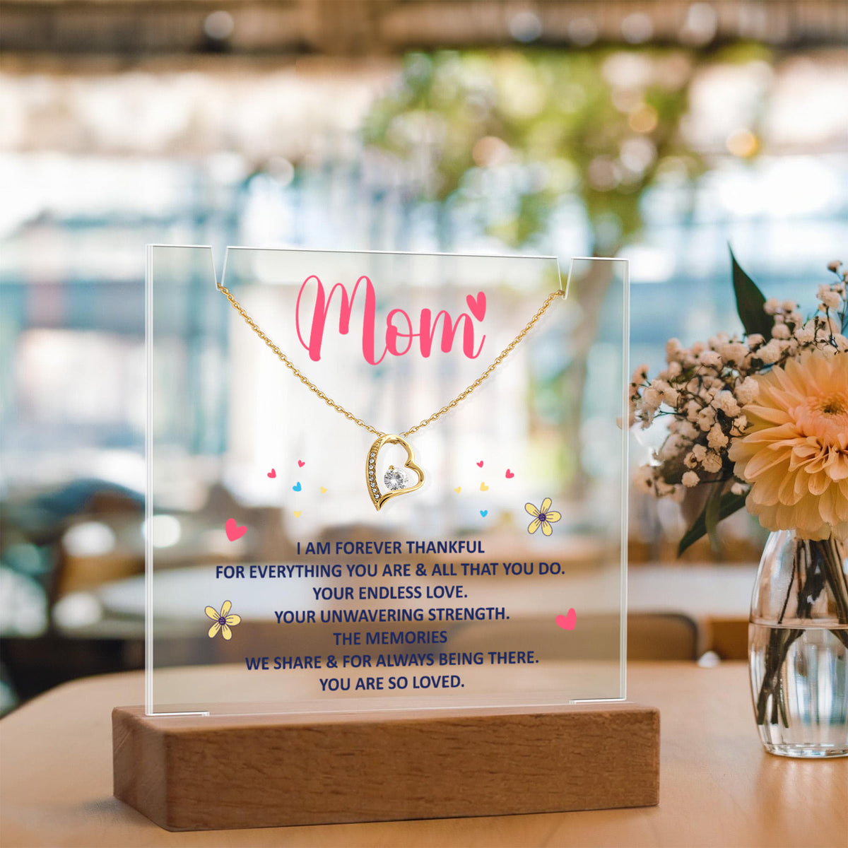 Mom I Am Forever Thankful Keepsake Acrylic Plaque & Forever Love Necklace Bundle