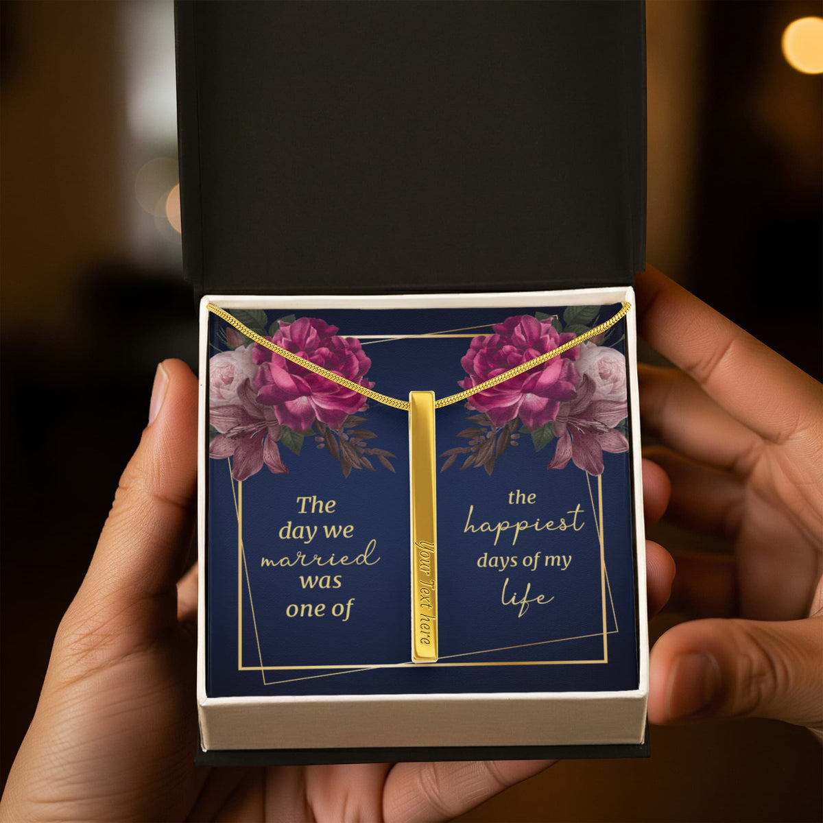 The Day We Married 4-Sided Stick Necklace - Engraved Bar Pendant with Gift Box, Wedding Anniversary Gift