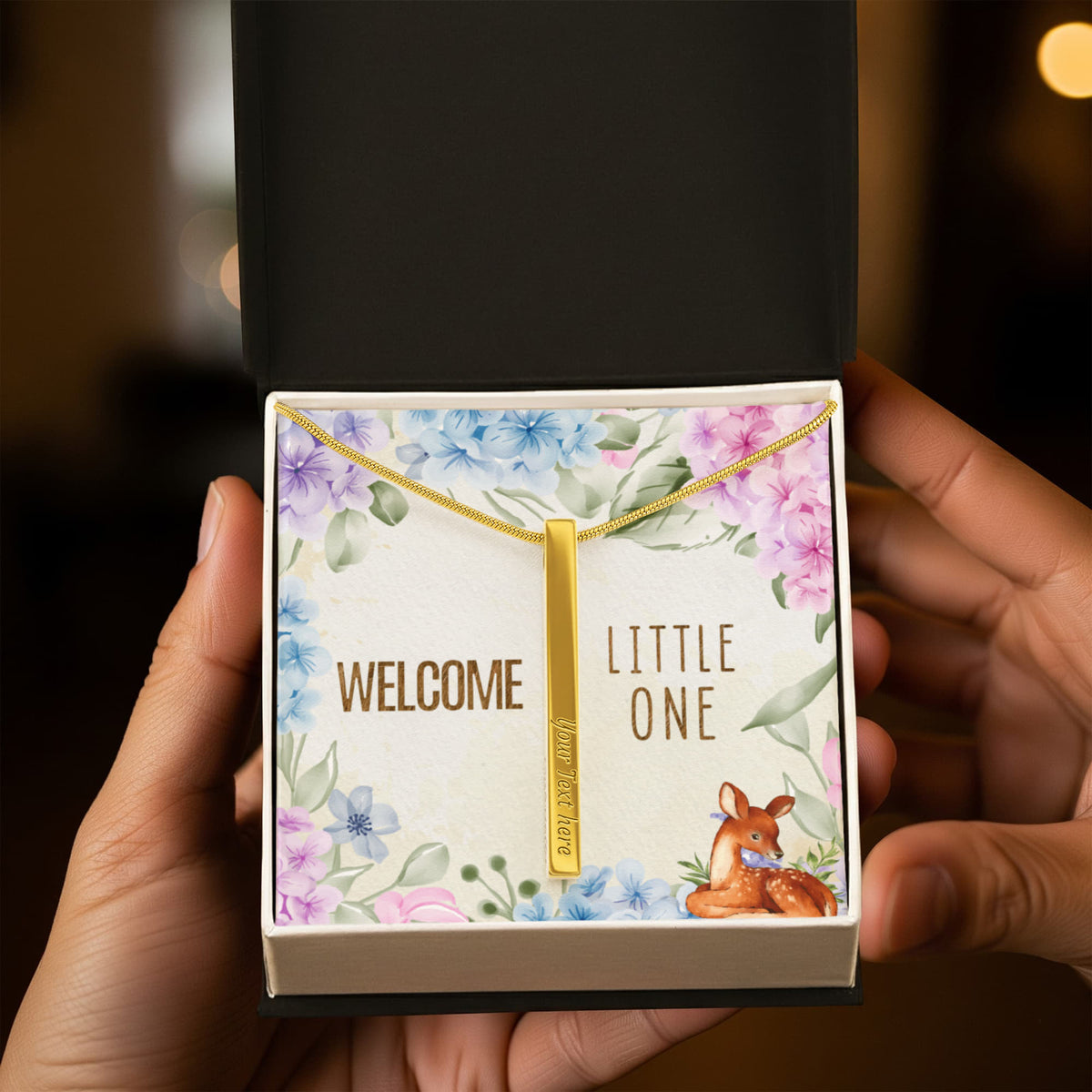 Welcome Little One 4-Sided Stick Necklace - Engraved Bar Pendant with Gift Box, New Baby Gift for Mom