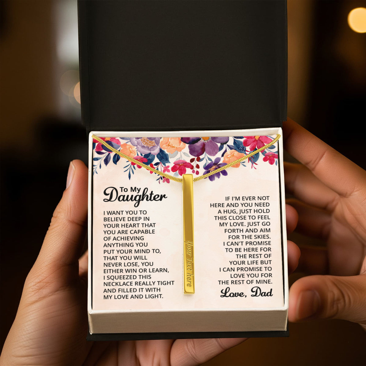 To My Daughter 4-Sided Stick Necklace - Engraved Bar Pendant with Gift Box, Birthday Gift for Daughter