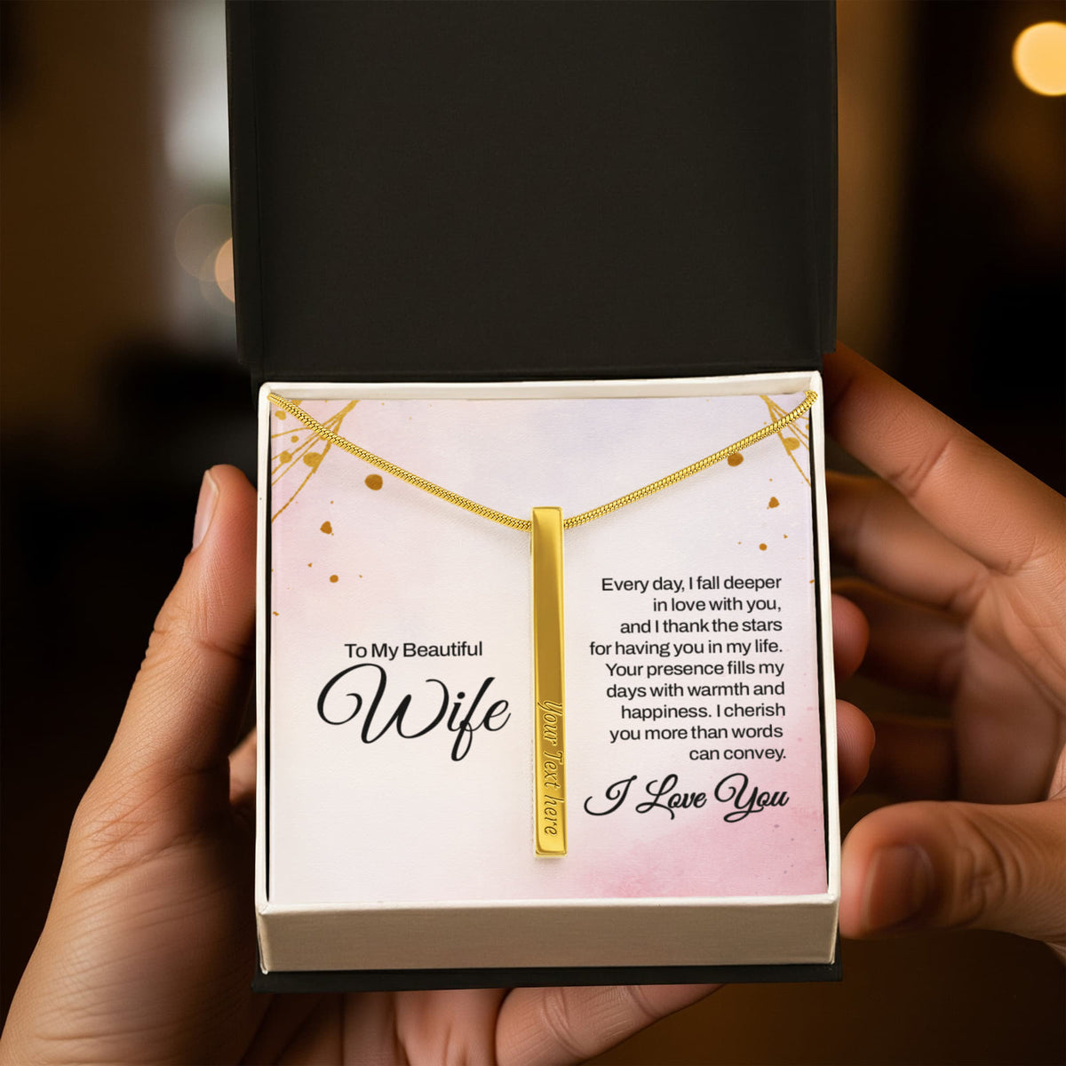 To My Wife 4-Sided Stick Necklace - Engraved Bar Pendant with Gift Box, Anniversary Gift for Wife