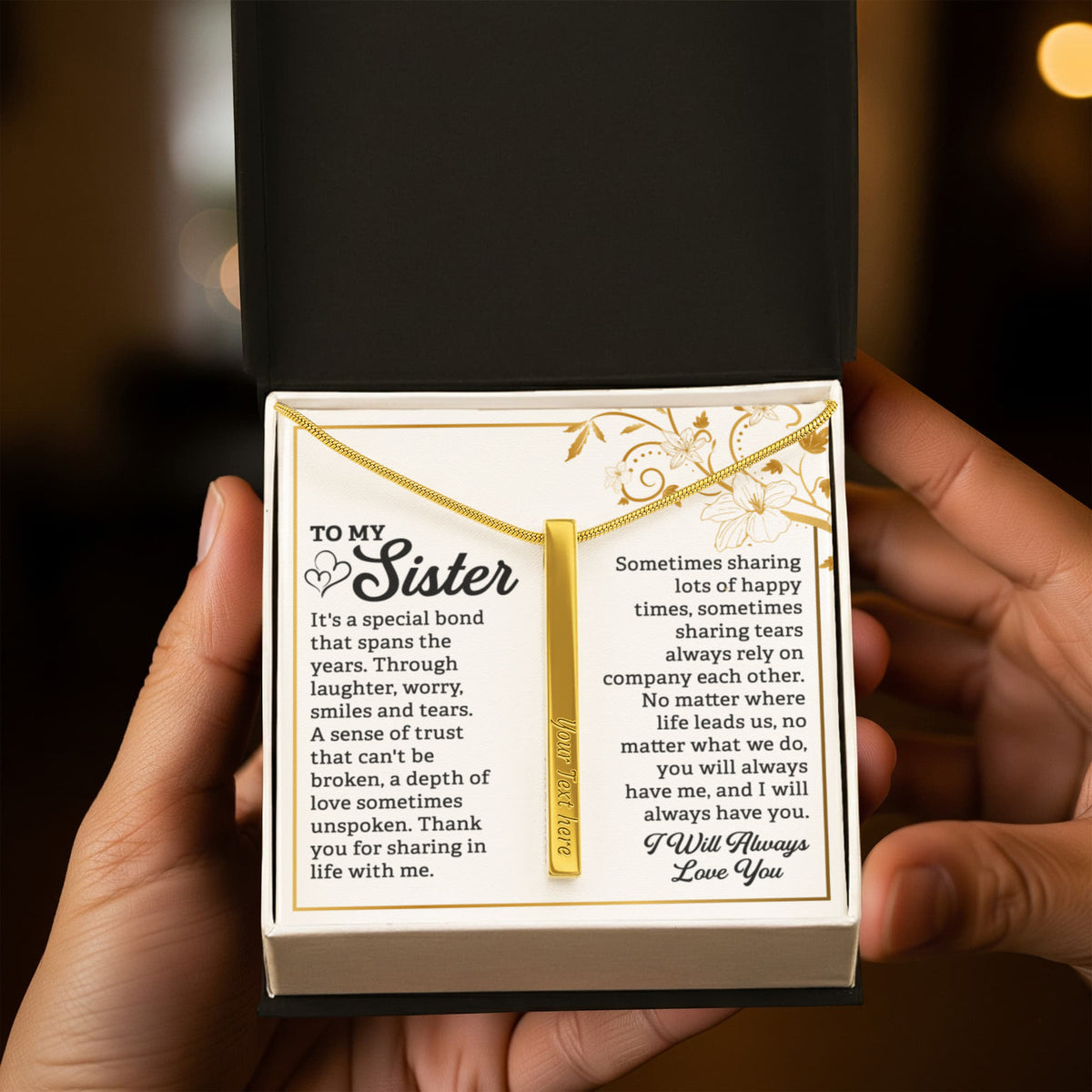 To My Sister 4-Sided Stick Necklace - Engraved Bar Pendant with Gift Box, Birthday Gift for Sister