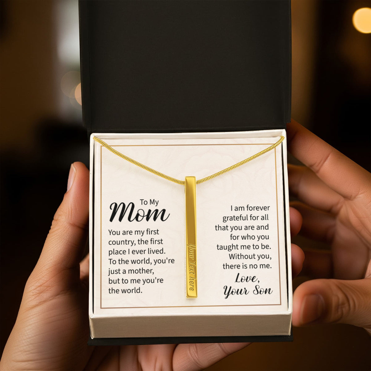 To My Mom 4-Sided Stick Necklace - Engraved Bar Pendant with Gift Box, Christmas Gift for Mom