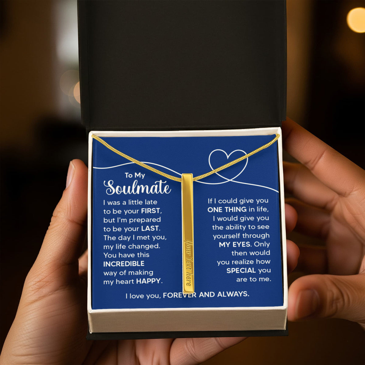 To My Soulmate 4-Sided Stick Necklace - Engraved Bar Pendant with Gift Box, Anniversary Gift for Soulmate