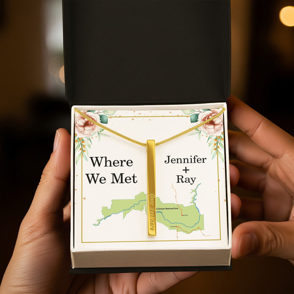 Where We Met 4-Sided Stick Necklace - Engraved Bar Pendant with Gift Box, Anniversary Gift for Couples