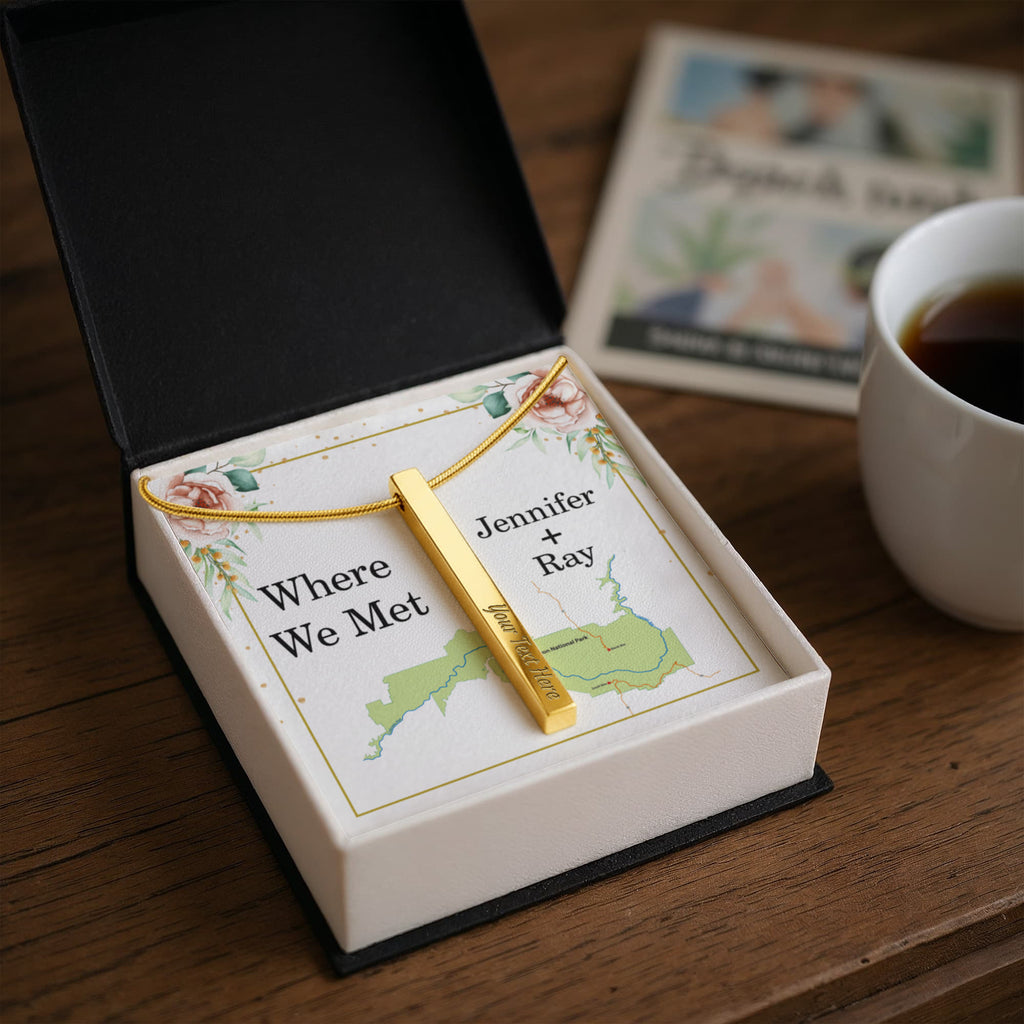 Where We Met 4-Sided Stick Necklace - Engraved Bar Pendant with Gift Box, Anniversary Gift for Couples