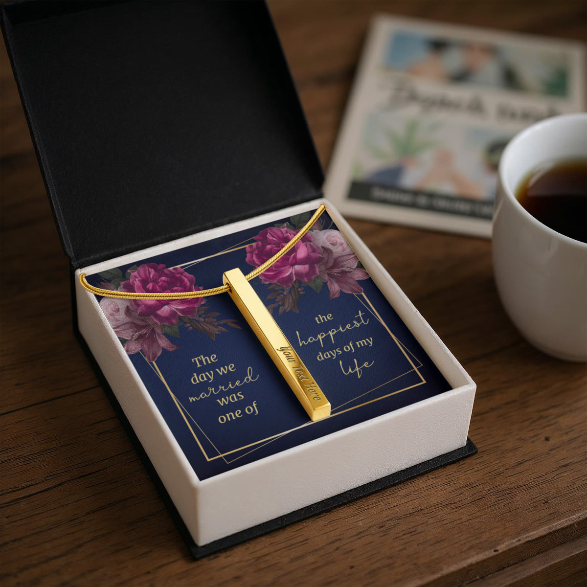 The Day We Married 4-Sided Stick Necklace - Engraved Bar Pendant with Gift Box, Wedding Anniversary Gift