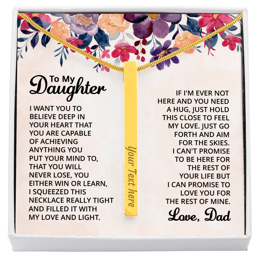 To My Daughter 4-Sided Stick Necklace - Engraved Bar Pendant with Gift Box, Birthday Gift for Daughter