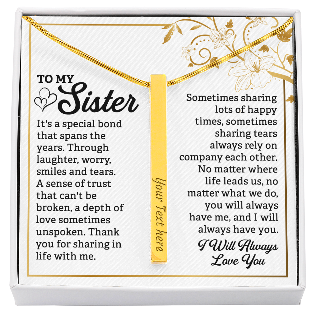 To My Sister 4-Sided Stick Necklace - Engraved Bar Pendant with Gift Box, Birthday Gift for Sister