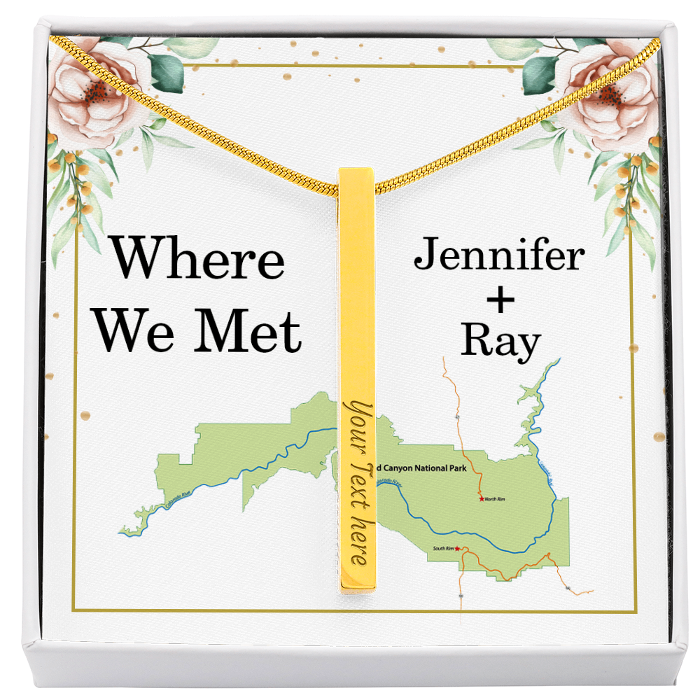 Where We Met 4-Sided Stick Necklace - Engraved Bar Pendant with Gift Box, Anniversary Gift for Couples