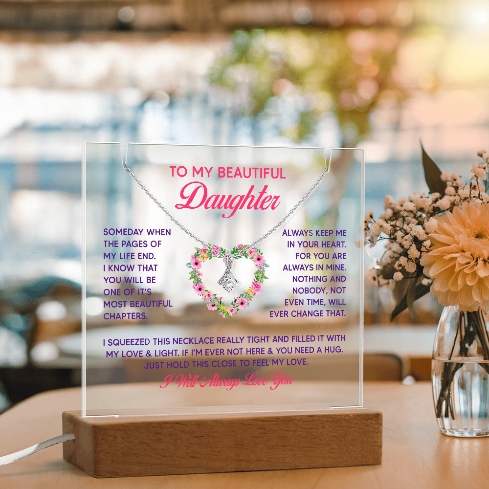 To My Beautiful Daughter Keepsake Acrylic Plaque & Alluring Beauty Necklace Bundle