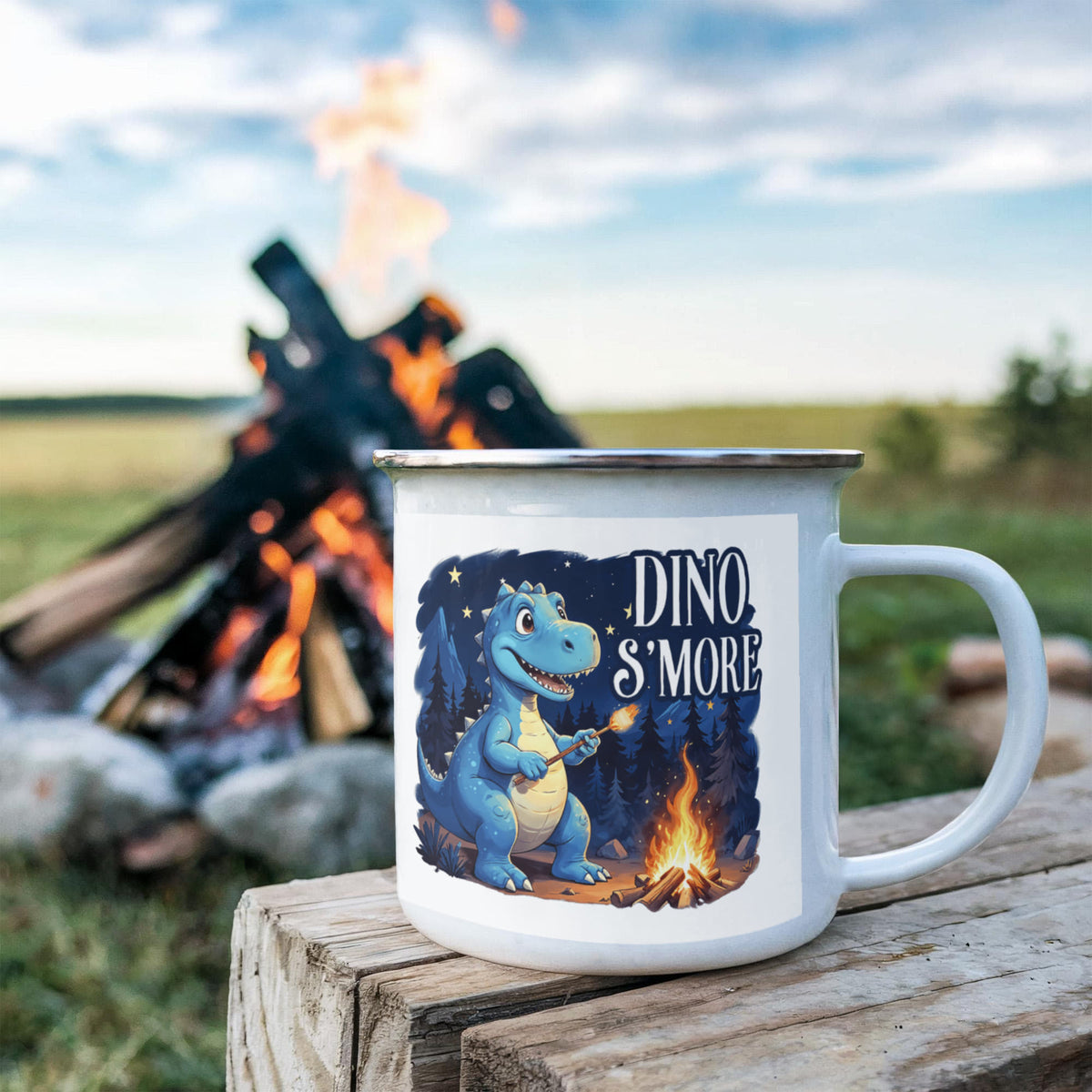 Dino S'more Enamel Camping Mug, Cute Dinosaur Campfire Gift