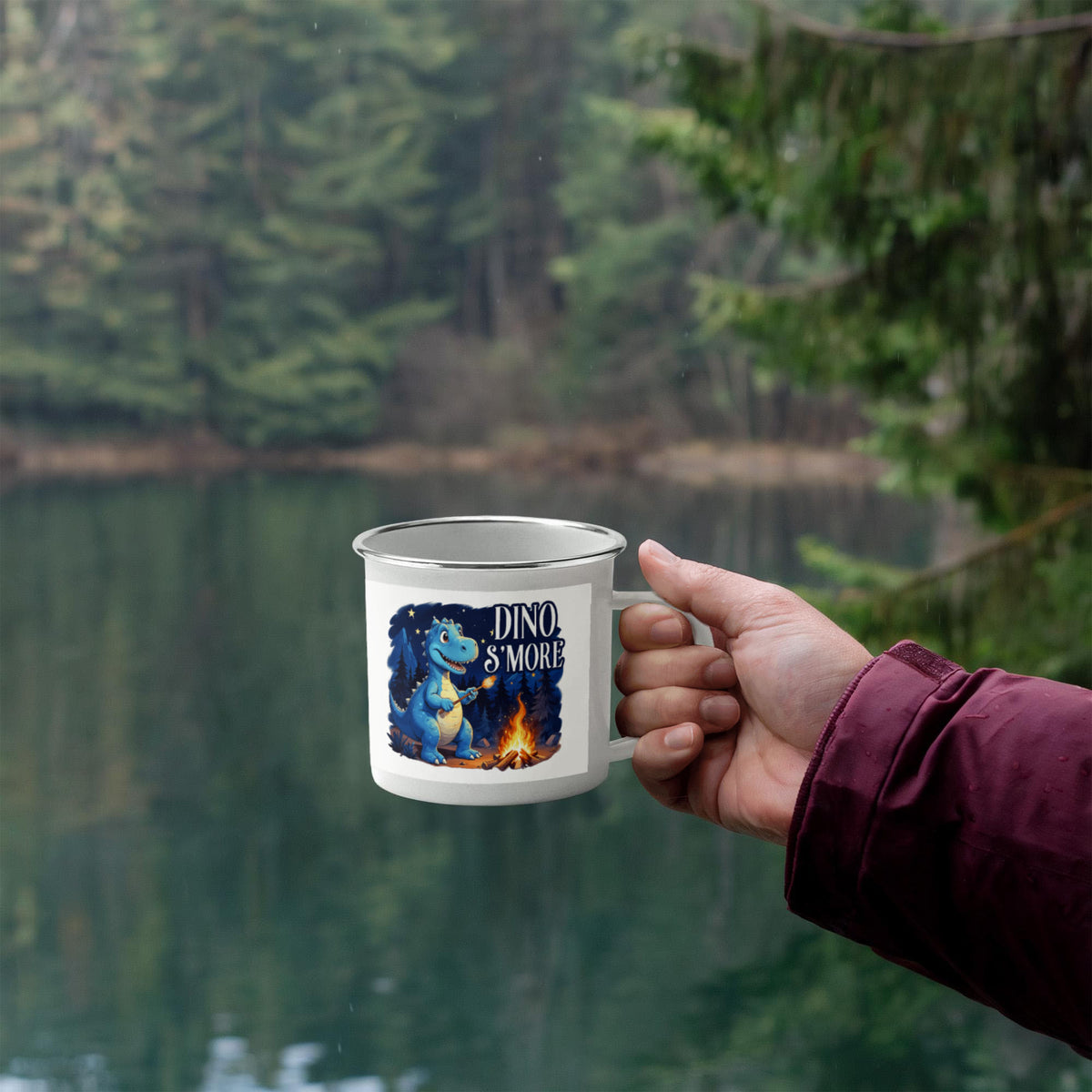Dino S'more Enamel Camping Mug, Cute Dinosaur Campfire Gift