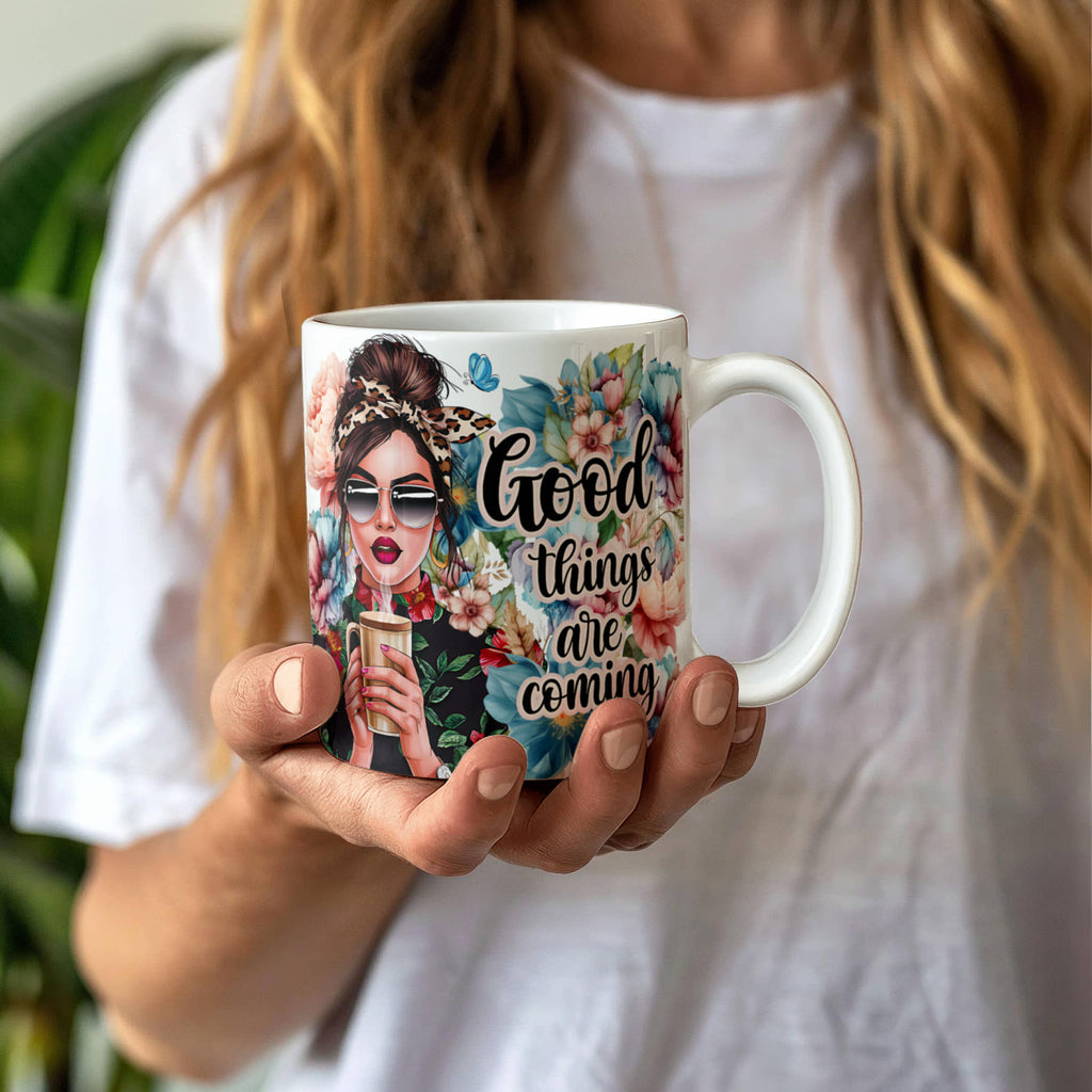 Good Things Are Coming Floral Coffee Mug 11oz, Positive Affirmation Gift, Boho Flower Mug, Christmas Gift for Her