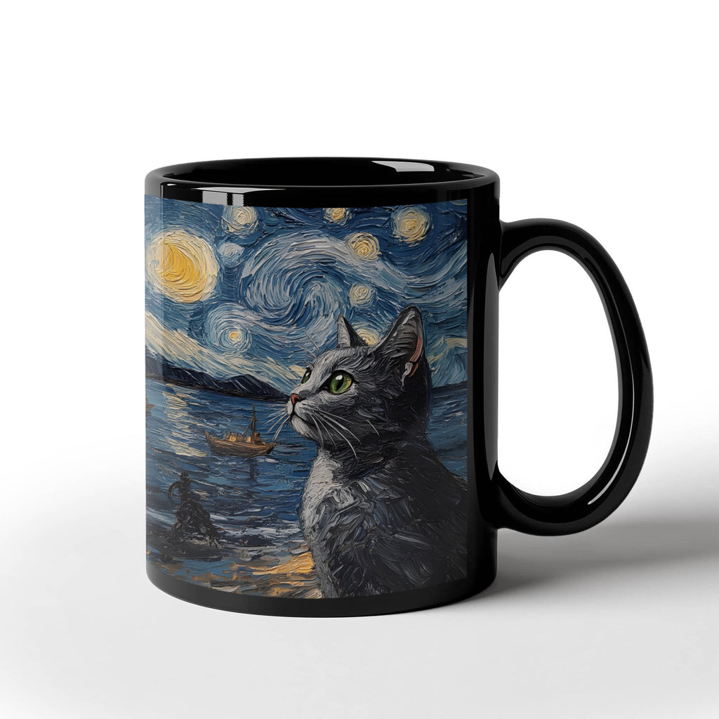 Black Cat Starry Night Coffee Mug, Cat Art Lover Gift