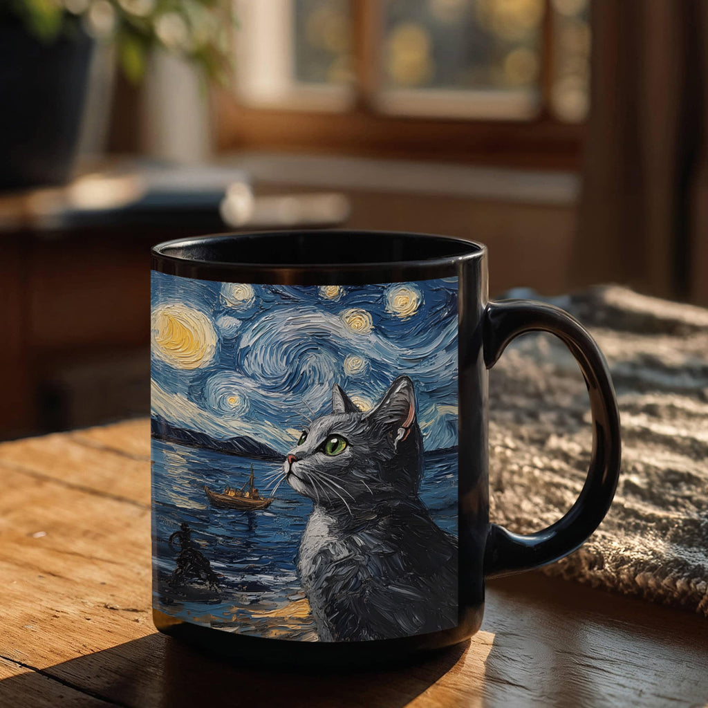 Black Cat Starry Night Coffee Mug, Cat Art Lover Gift