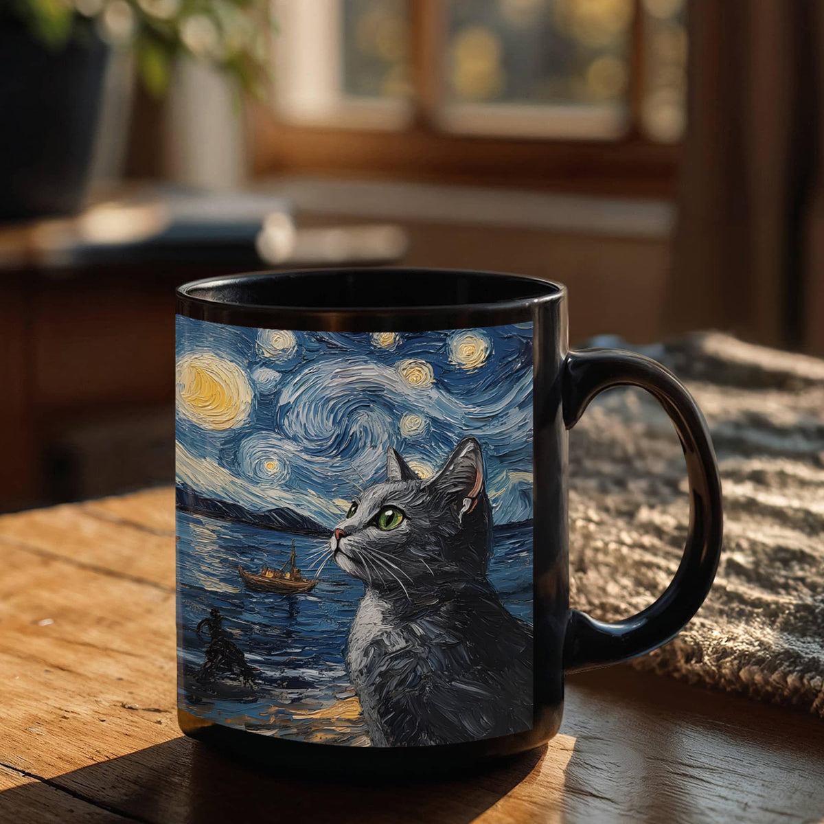 Black Cat Starry Night Coffee Mug, Cat Art Lover Gift