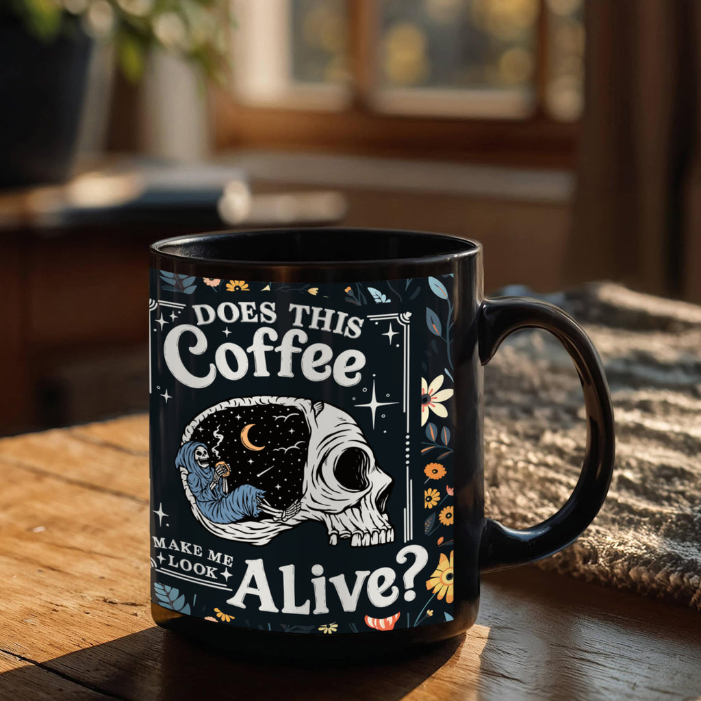 Does This Coffee Make Me Look Alive Coffee Mug, Funny Skull Gift
