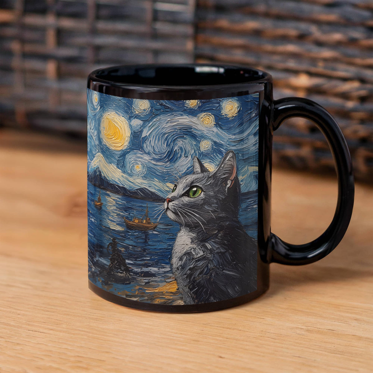 Black Cat Starry Night Coffee Mug, Cat Art Lover Gift