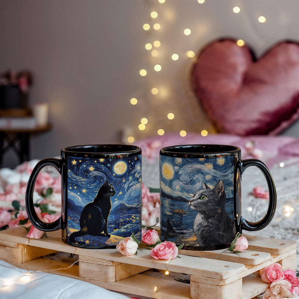 Black Cat Starry Night Coffee Mug, Cat Art Lover Gift