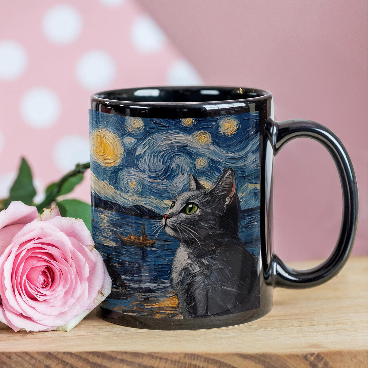 Black Cat Starry Night Coffee Mug, Cat Art Lover Gift