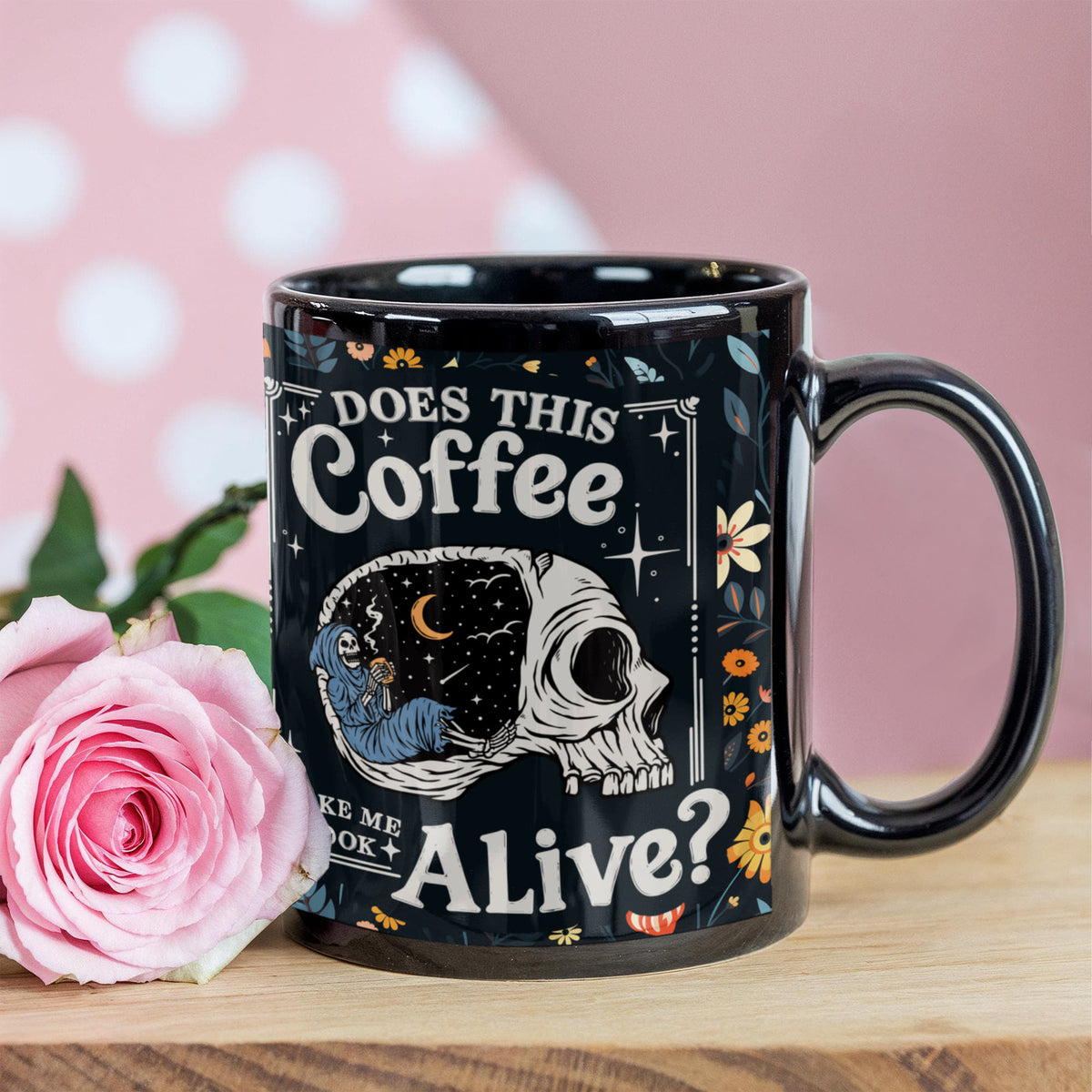 Does This Coffee Make Me Look Alive Coffee Mug, Funny Skull Gift