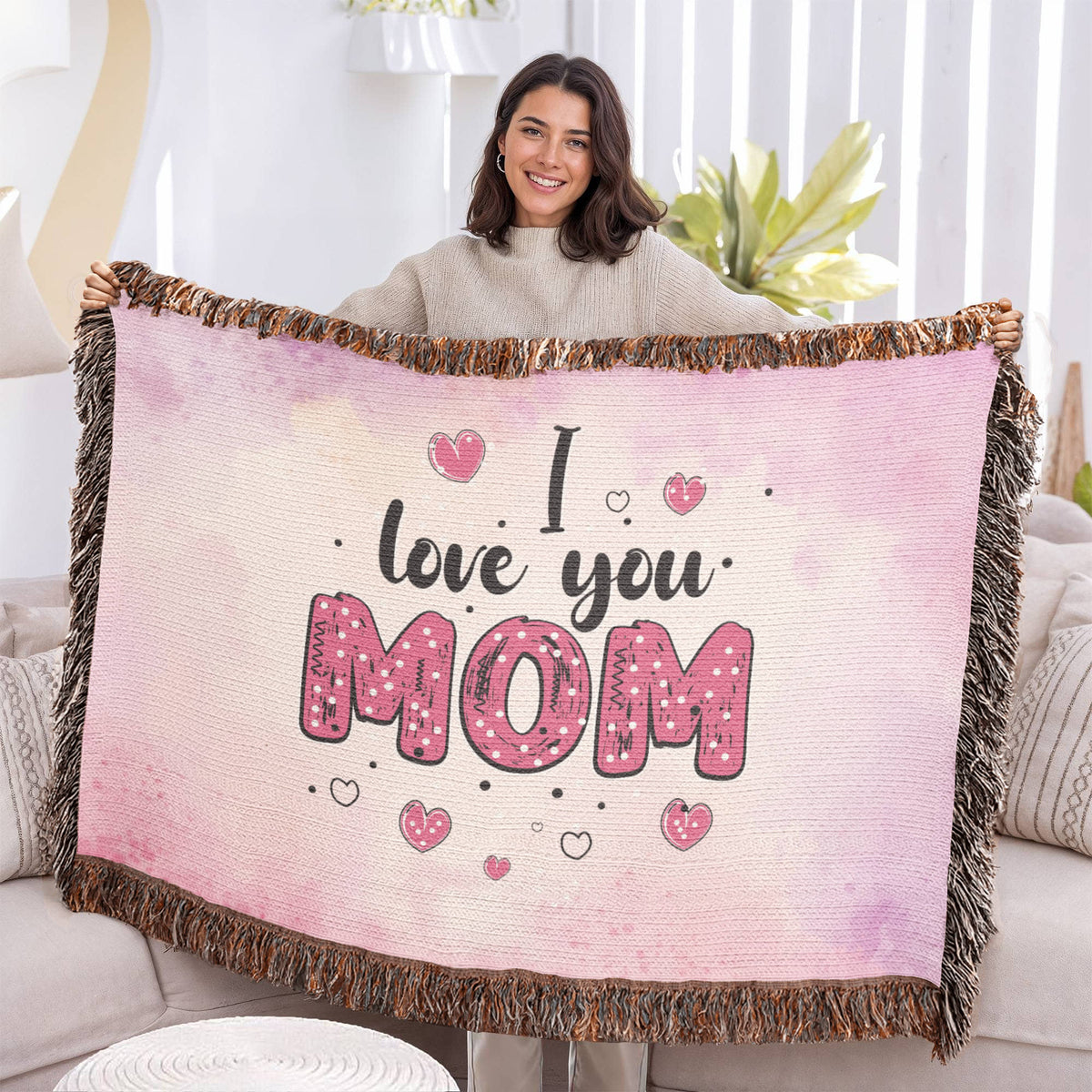 I Love You Mom, Pink Watercolor — Heirloom Woven Blanket