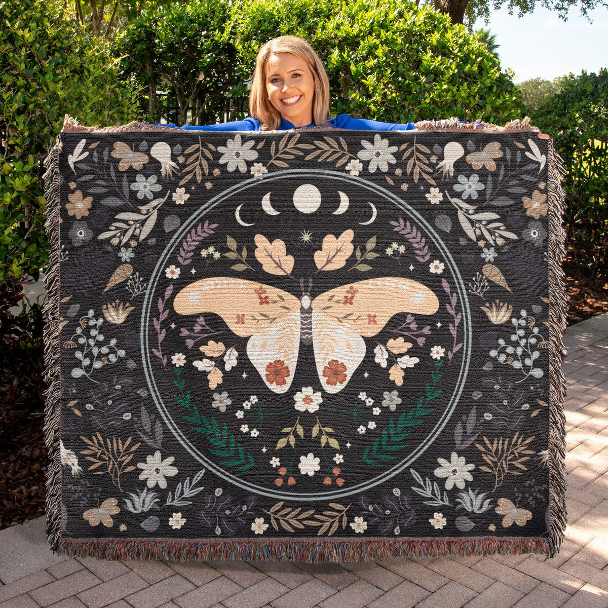 Moon Phase Moth & Florals — Heirloom Woven Blanket