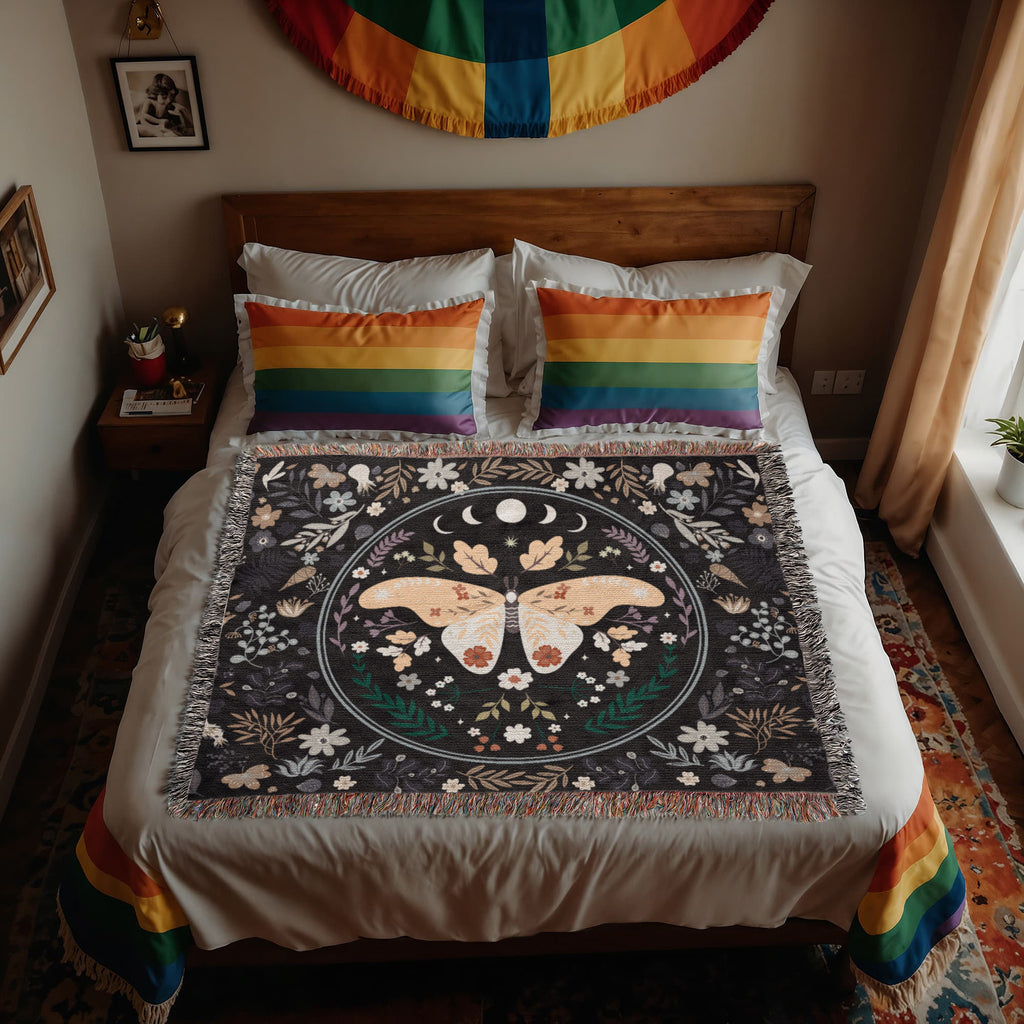 Moon Phase Moth & Florals — Heirloom Woven Blanket