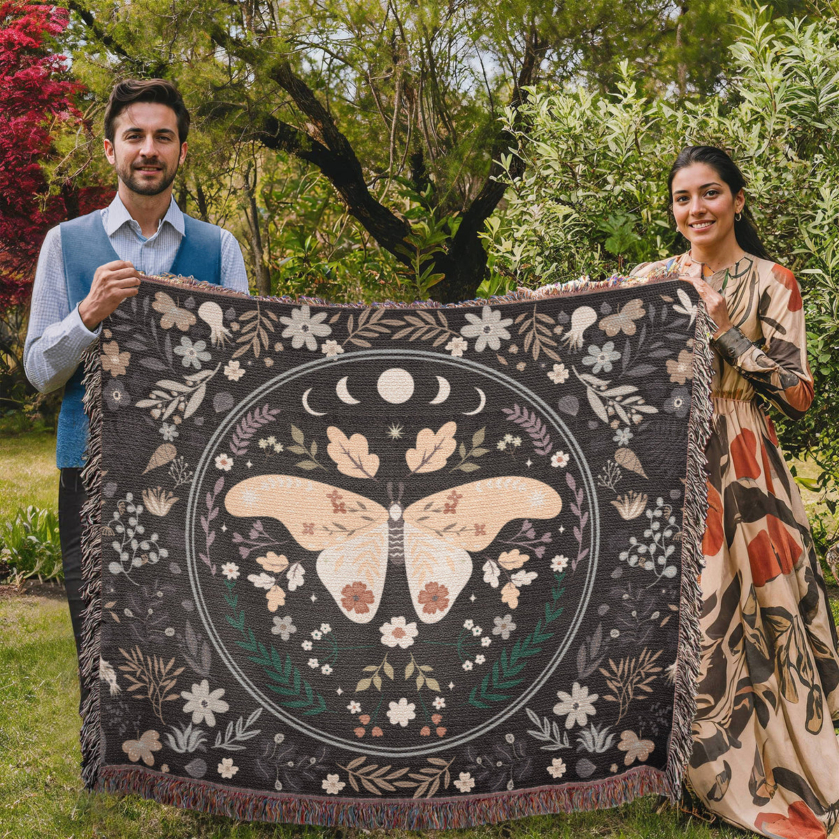 Moon Phase Moth & Florals — Heirloom Woven Blanket