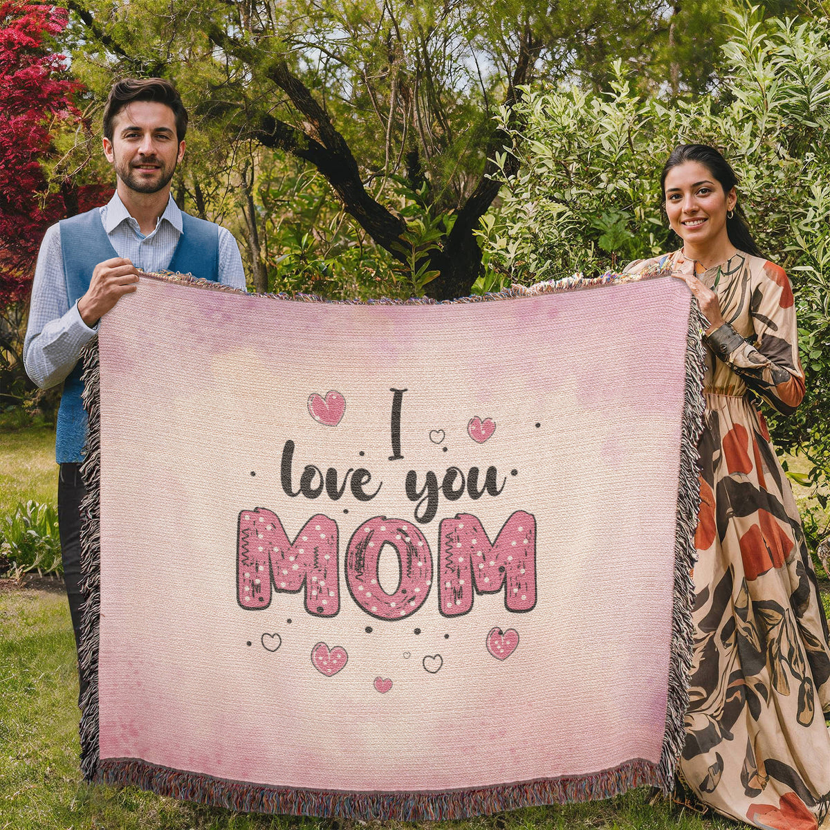 I Love You Mom, Pink Watercolor — Heirloom Woven Blanket
