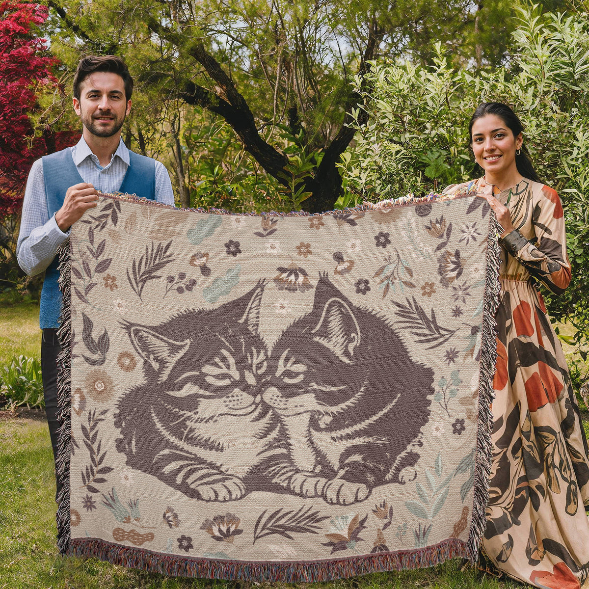 Two Kittens & Florals — Heirloom Woven Blanket