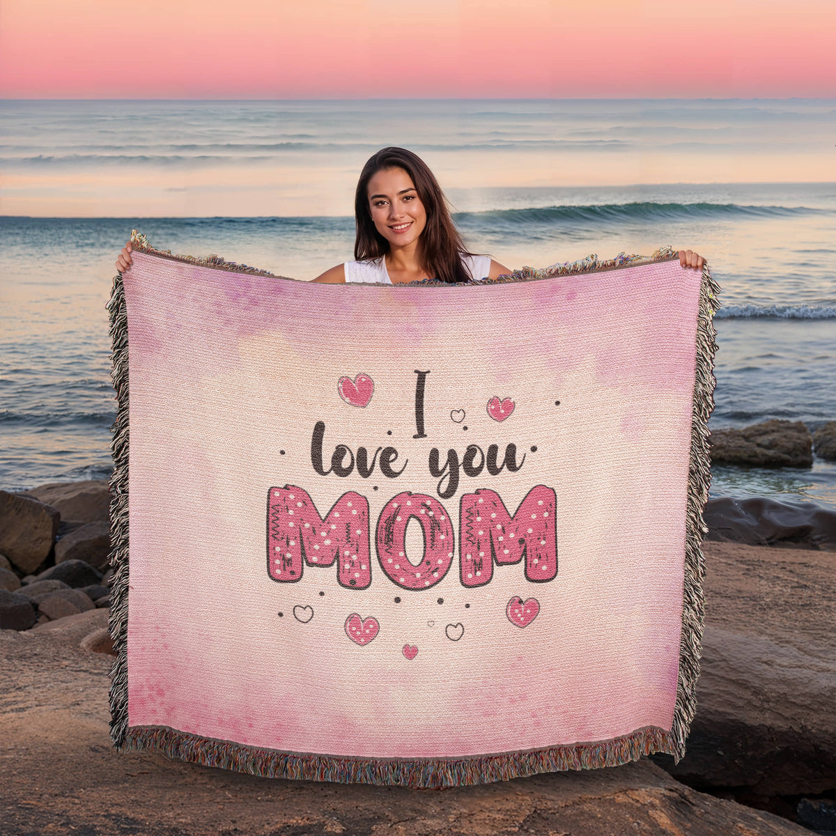I Love You Mom, Pink Watercolor — Heirloom Woven Blanket