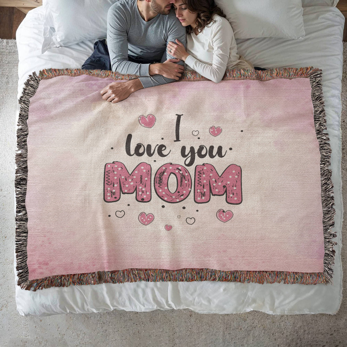 I Love You Mom, Pink Watercolor — Heirloom Woven Blanket