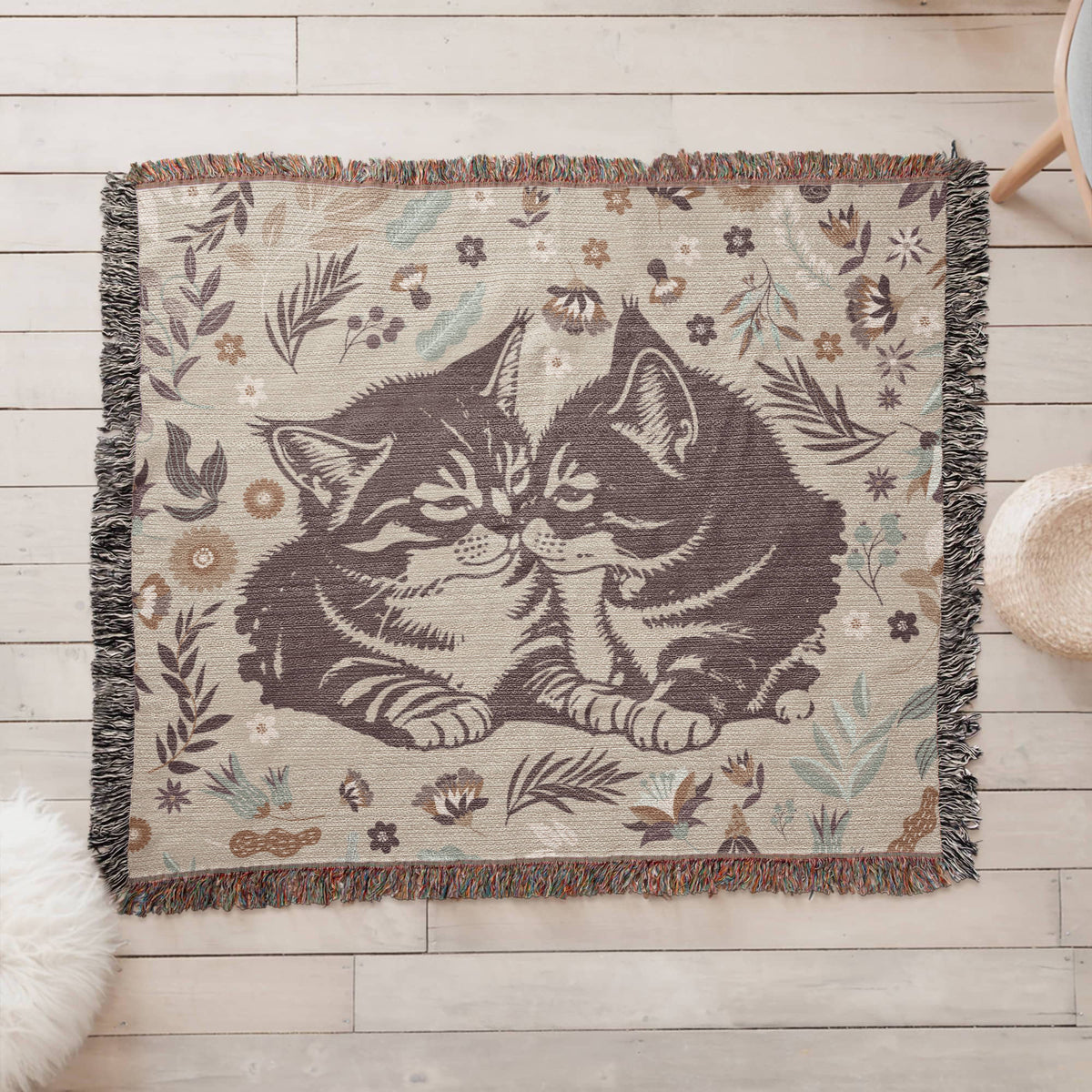 Two Kittens & Florals — Heirloom Woven Blanket