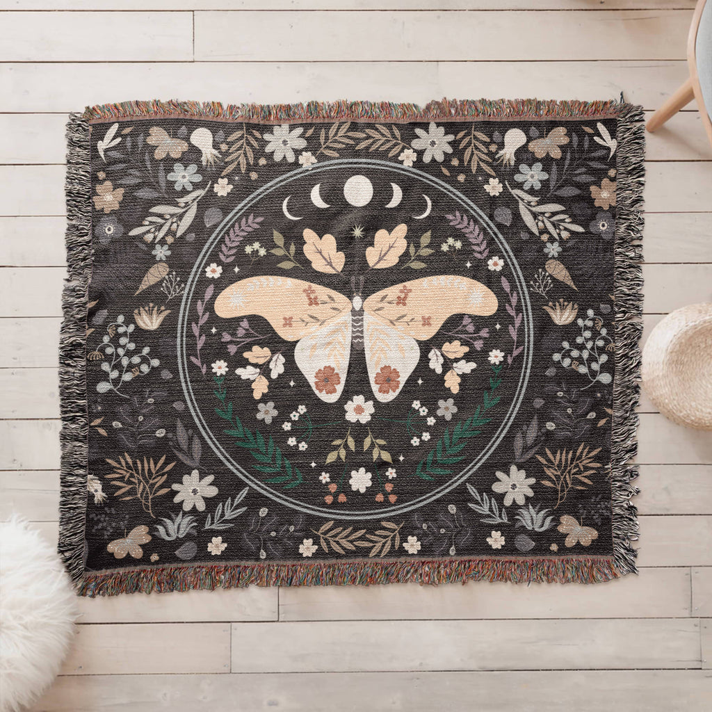 Moon Phase Moth & Florals — Heirloom Woven Blanket