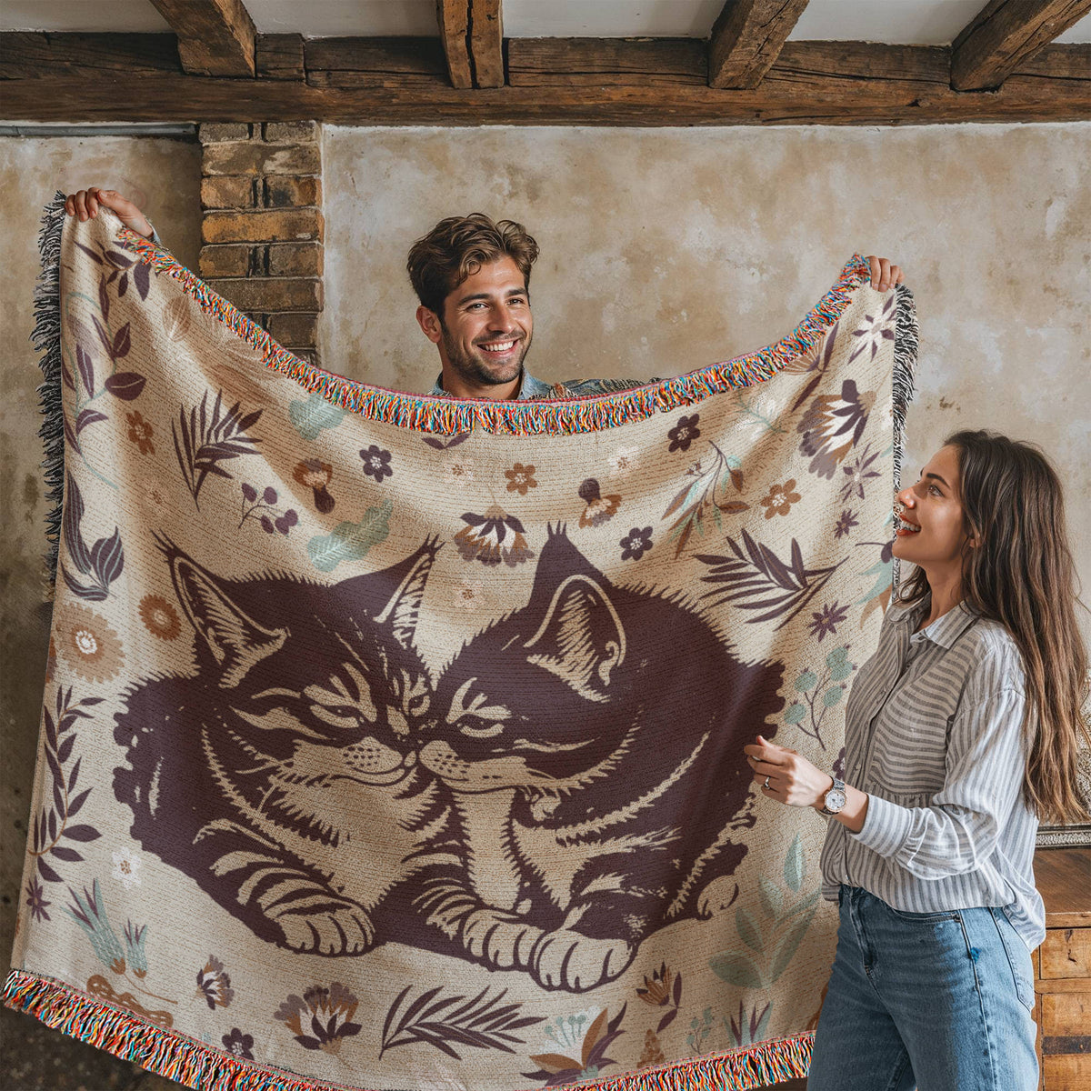 Two Kittens & Florals — Heirloom Woven Blanket