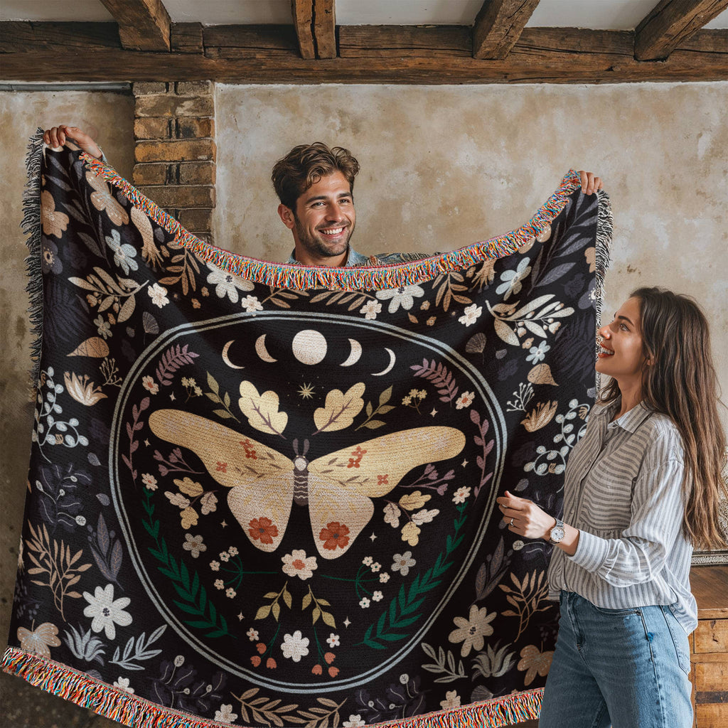 Moon Phase Moth & Florals — Heirloom Woven Blanket
