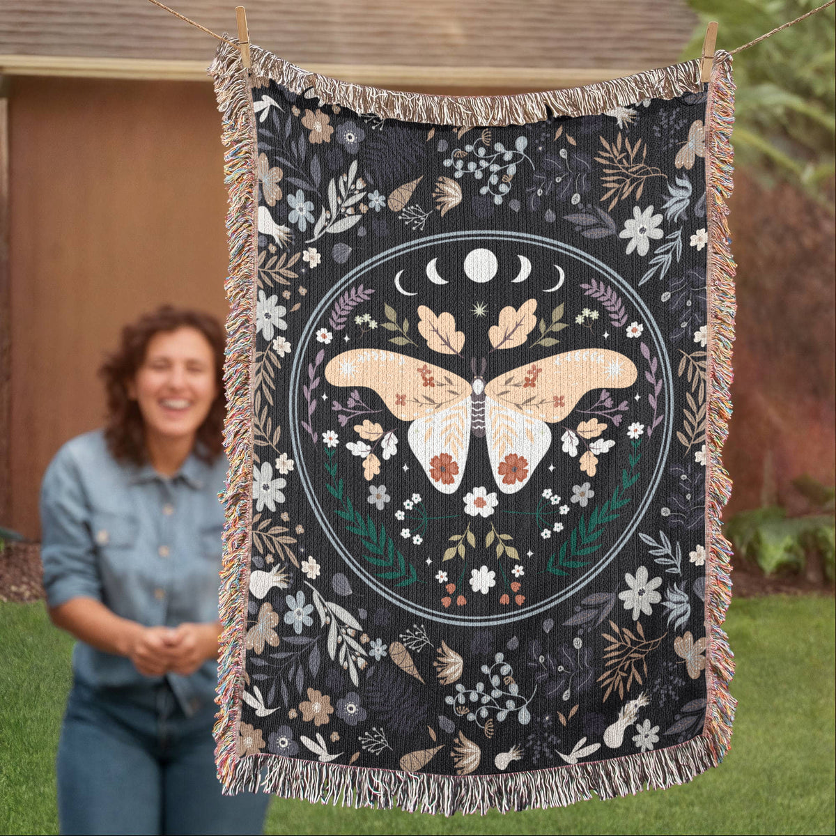 Moon Phase Moth & Florals — Heirloom Woven Blanket