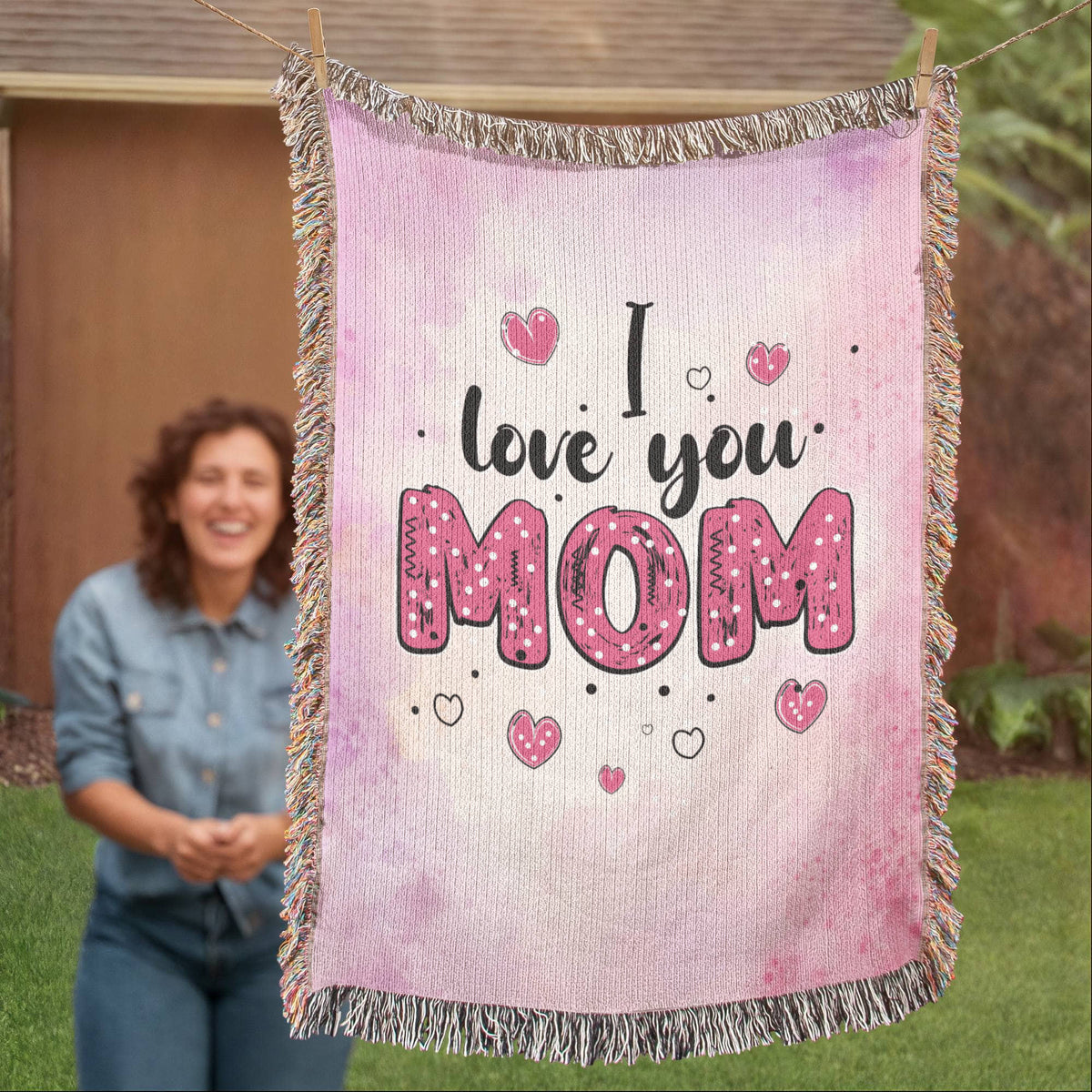 I Love You Mom, Pink Watercolor — Heirloom Woven Blanket
