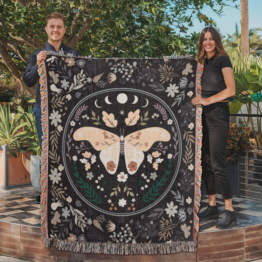 Moon Phase Moth & Florals — Heirloom Woven Blanket