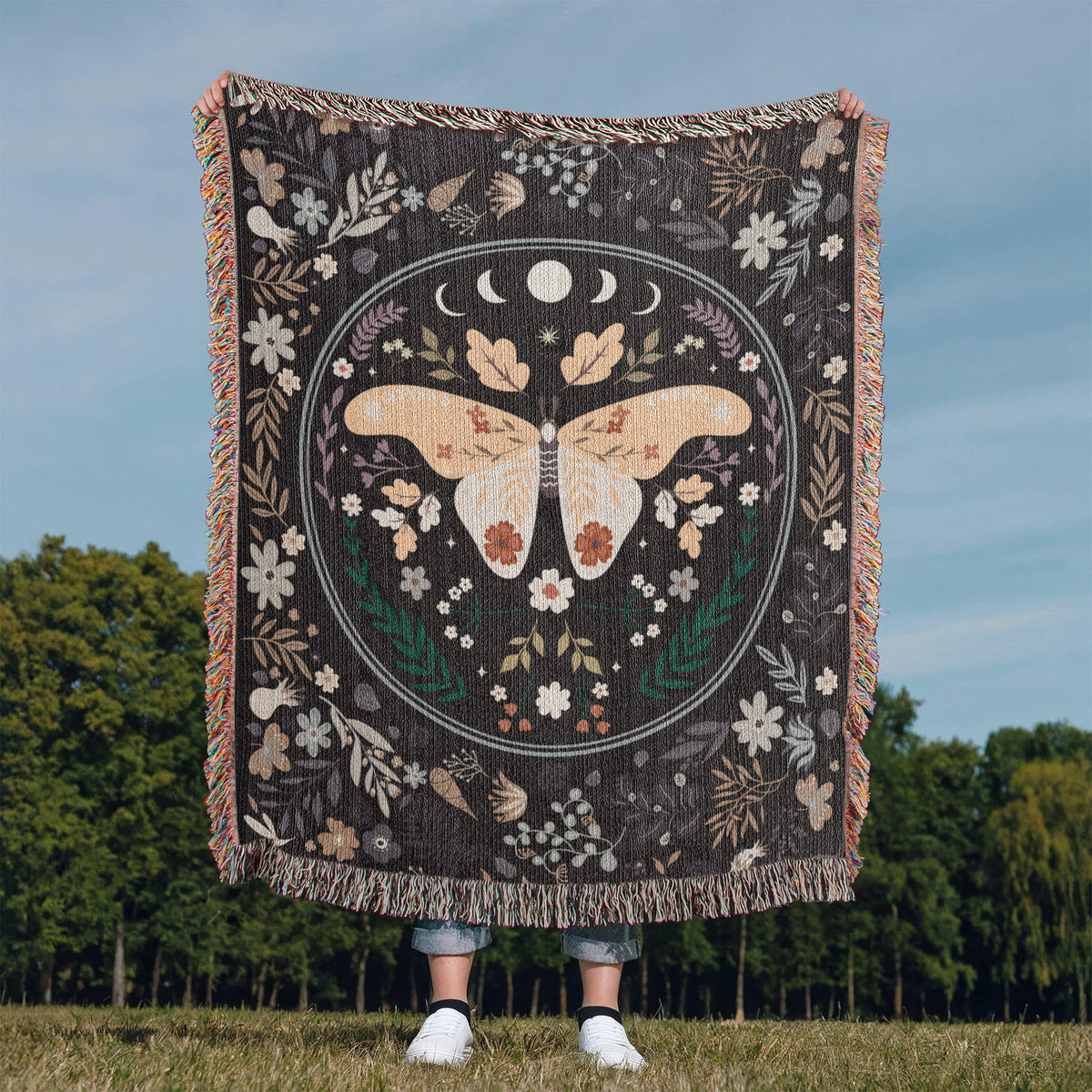 Moon Phase Moth & Florals — Heirloom Woven Blanket