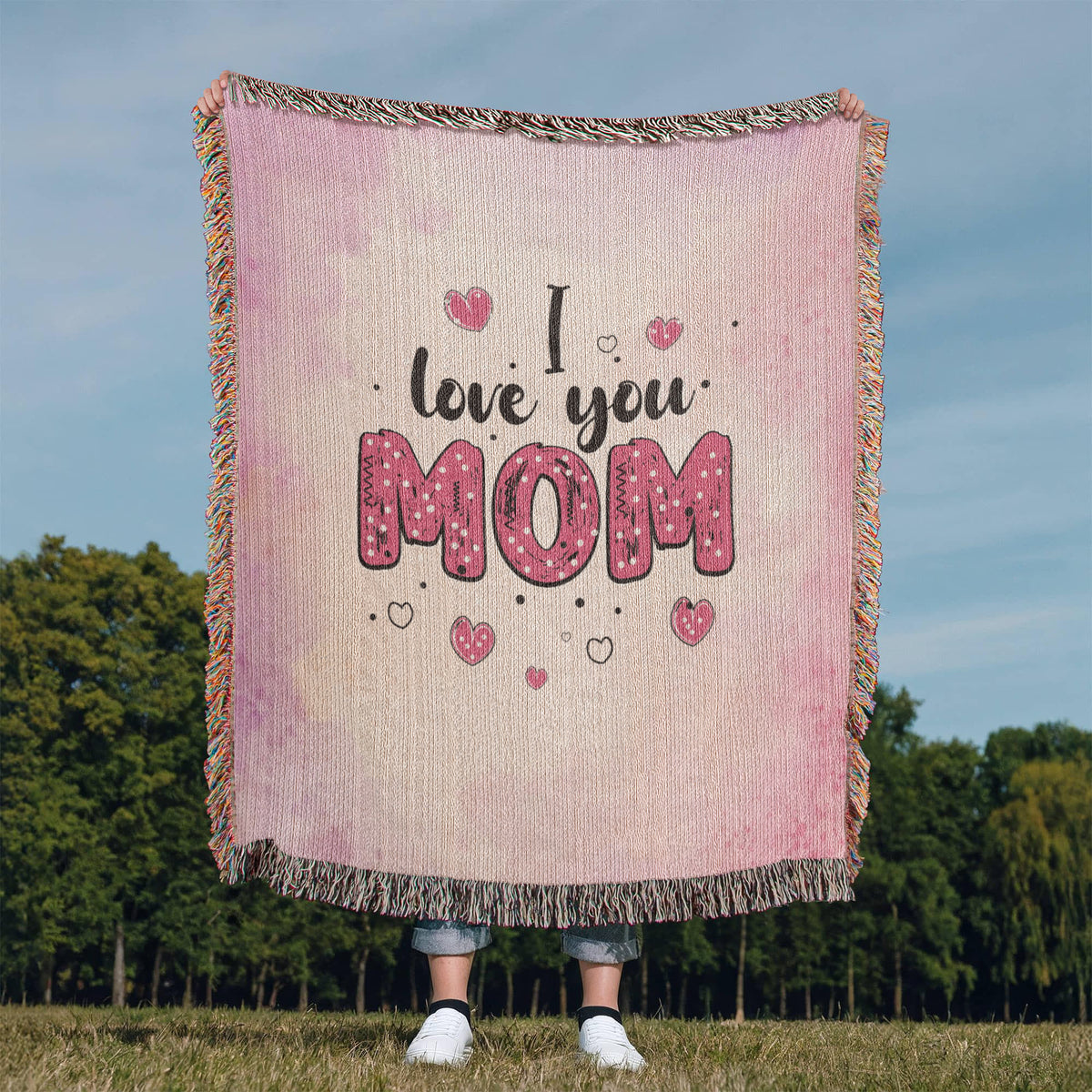 I Love You Mom, Pink Watercolor — Heirloom Woven Blanket