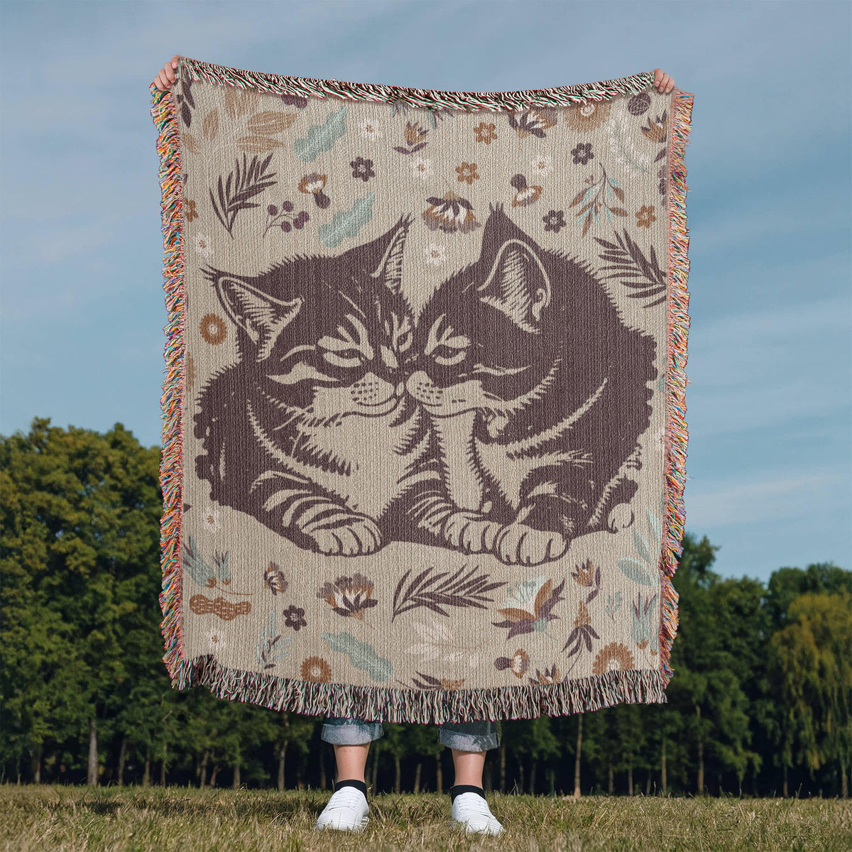 Two Kittens & Florals — Heirloom Woven Blanket