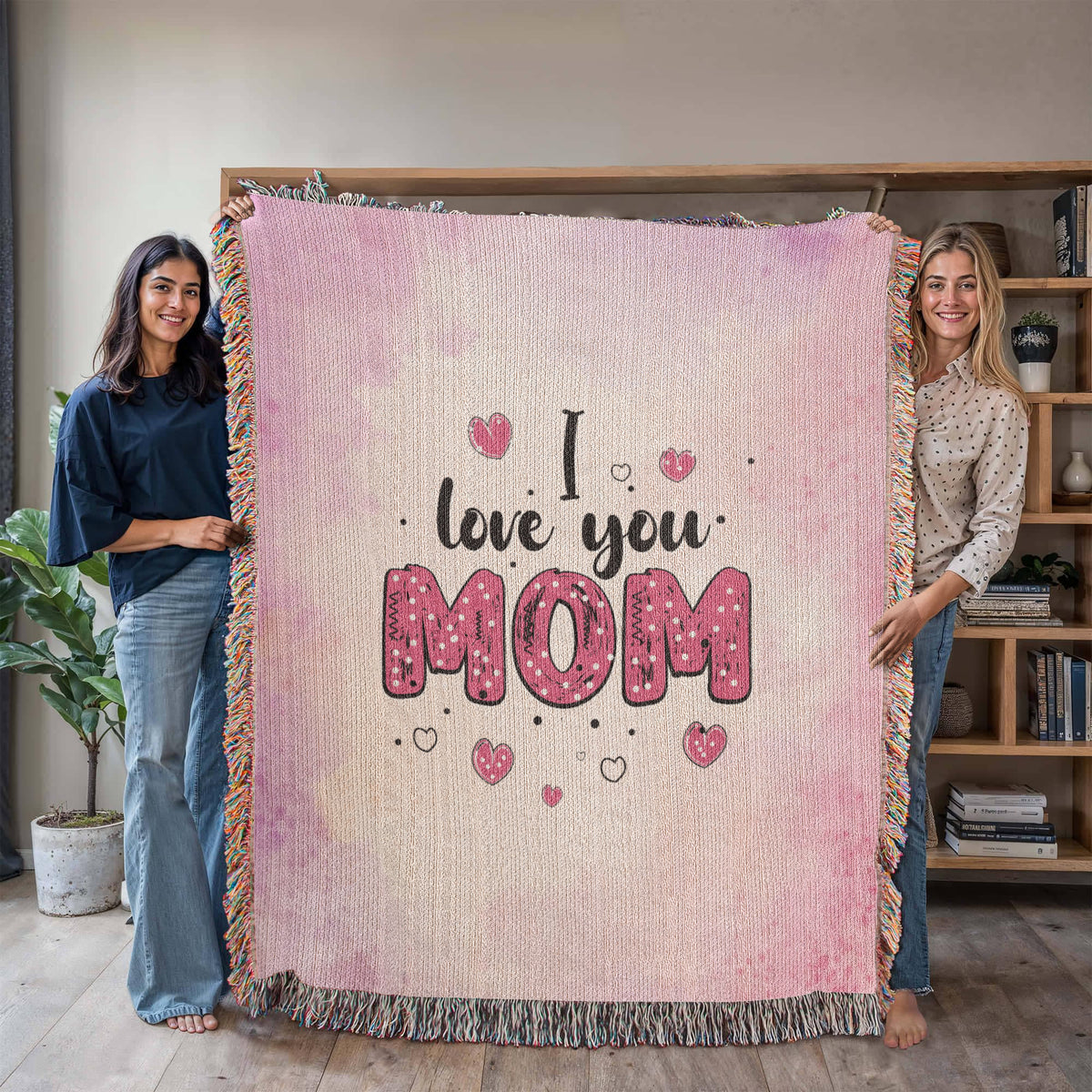 I Love You Mom, Pink Watercolor — Heirloom Woven Blanket
