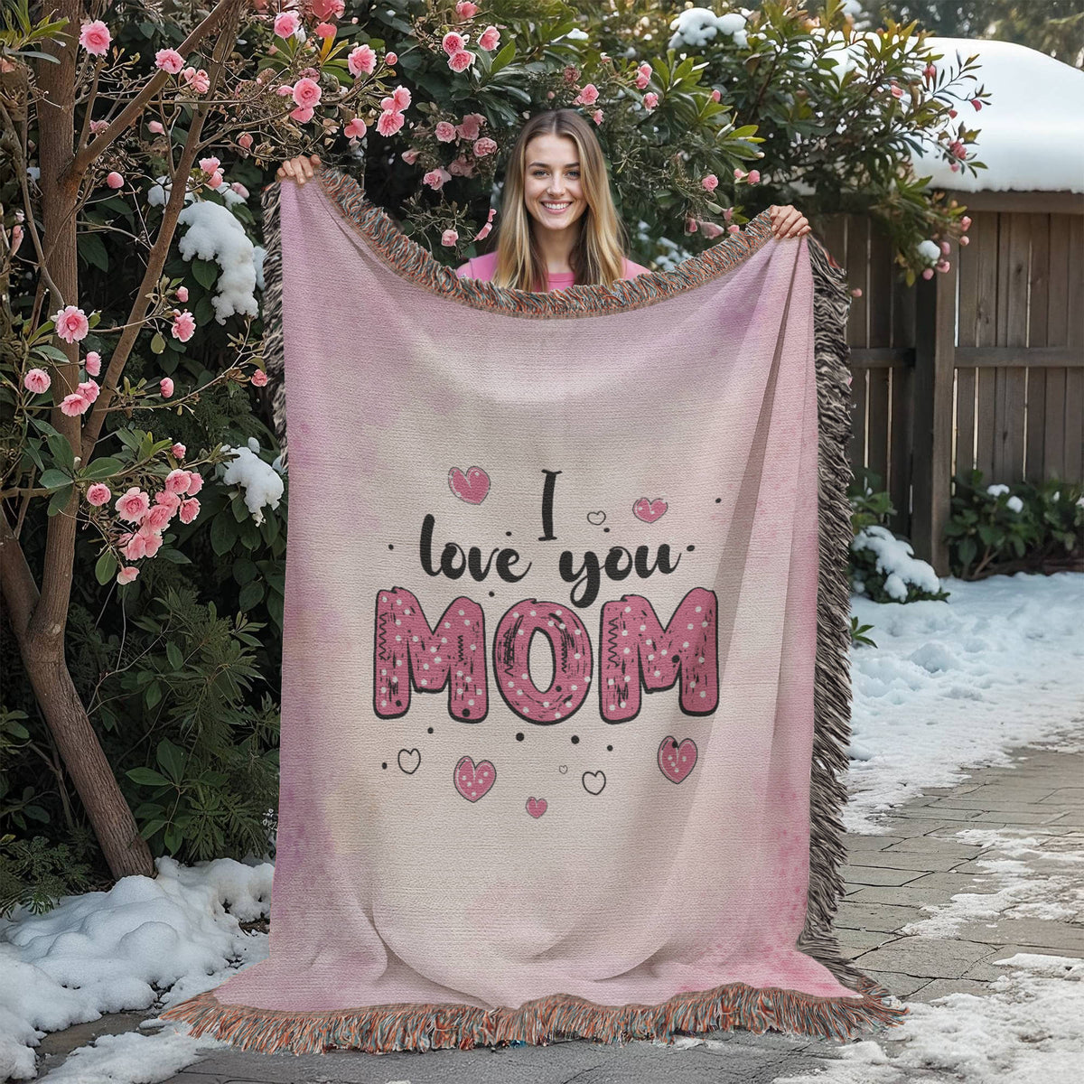 I Love You Mom, Pink Watercolor — Heirloom Woven Blanket