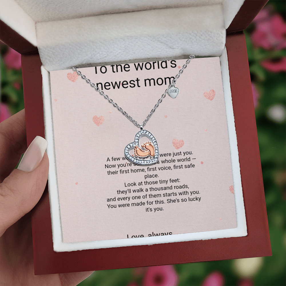 New Mom Necklace Gift - Baby Feet Pendant with Birthstone and Message Card, First Baby Gift for New Mother